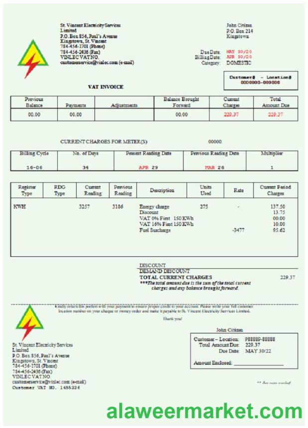 Saint Vincent and the Grenadines St. Vincent Electricity Services Limited utility bill Word and PDF template